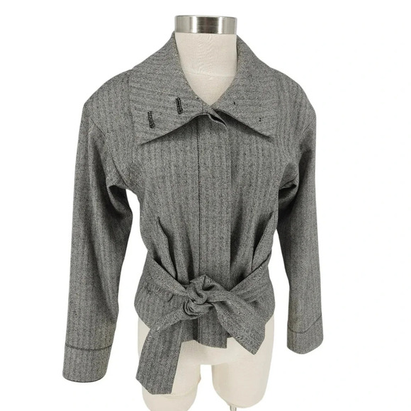 Club Monaco Jacket Wool Gray Herringbone Long Sleeve High Neck Tie Waist - Picture 1 of 7